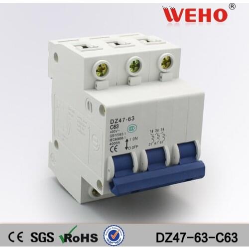 DZ47-63-C63 High Breaking Automatic Reset Mini Circuit Breaker Mcb 63 Amp 3P