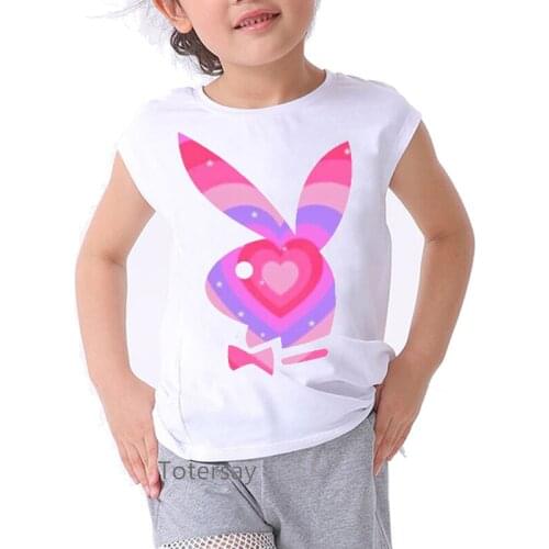 Bunny Head Butterfly Print T Shirt for Girls Summer Fashin Vogue Graphic Tshirts Gilrs Kawaii Kids Clothes T-shirt For Girls