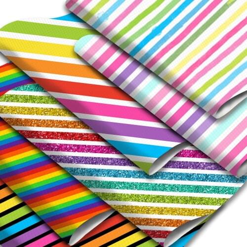 Geometric Theme Faux Leather Rainbow Color Striped Pattern Printed Synthetic Leather Fabric 20x33cm for DIY Garment Crafts