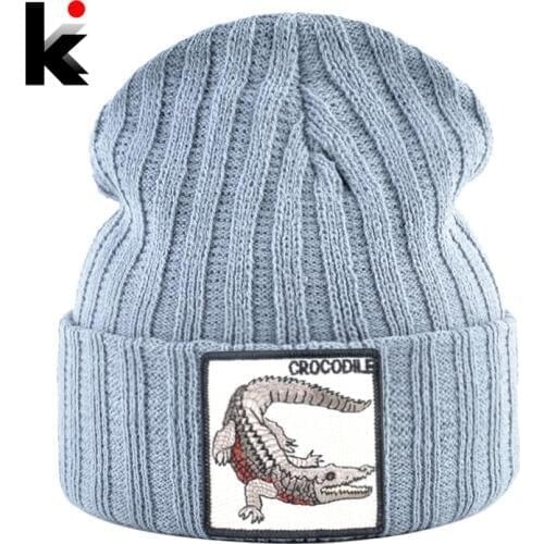 Fashion Skullies Beanies Men Women Knitted Wool Hats With Crocodile Patch Double Layer Knitting Bonnet Cap Unisxe Streetwear Hat