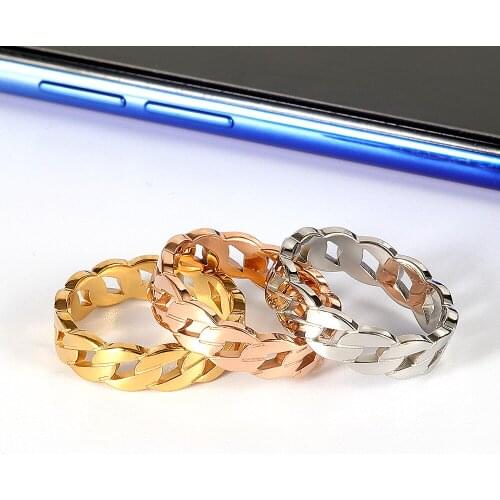 Stainless Steel 5mm Chain Link Design Ring for Women Rose Gold Color Smooth Finger Ring Men Couple Gift