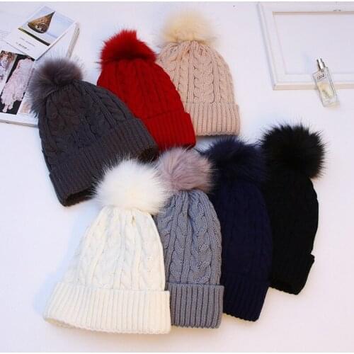 WZCX 2019 New Hairball Outdoor Keep Warm Thicken Beanie Solid Color Fashion Knitted Hat WomenS Winter Hat