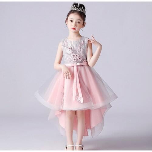 2021 Summer New Pink Girl Piano Tailor Dresses For Sleeveless Vest Little Girl Princess Dressees Embroidered Children Mesh Dress
