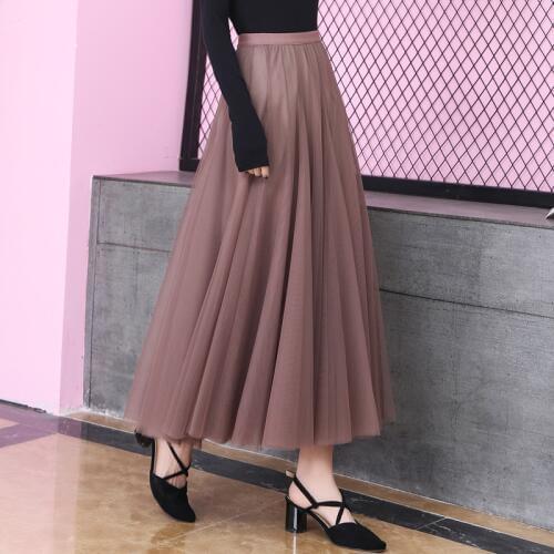 Autumn High-waist Mesh Maxi Skirt For Women Long Pleated Fashion Midi Tutu Skirt Tulle Long Black Skirts Womens
