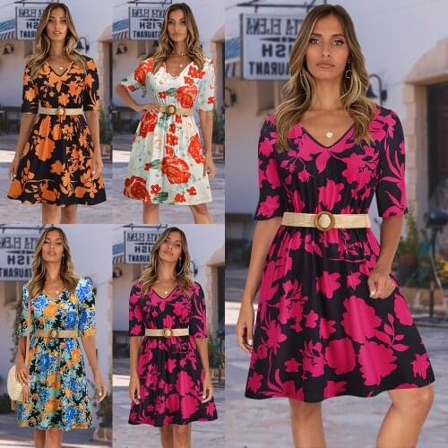 Large Size Floral Printing Dresses High Wiast Belt Slimming Mini Dress Fashion V-neck Short Sleeve Party Women Dress Streetwear