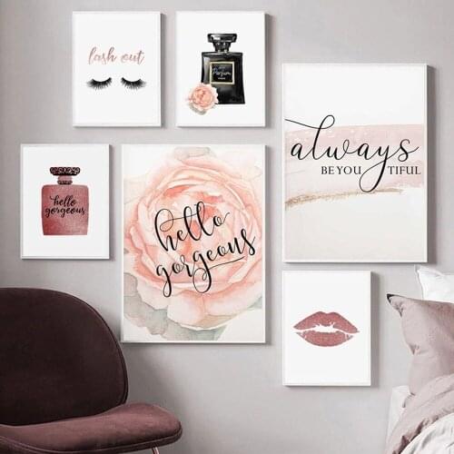 Pink Rose Nordic Fashion Combination Canvas Painting Ins Style Perfume Bottle Eyelash Logo Poster Bedroom Decor Wall Art Picture