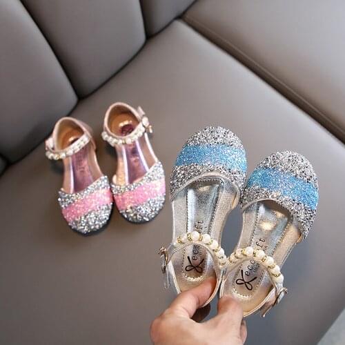 Princess Leather Children Shoes Pearl Sandal New Girls Sequins Wedding Party Kids Baby Girls School Dance Shoes Size 21-36
