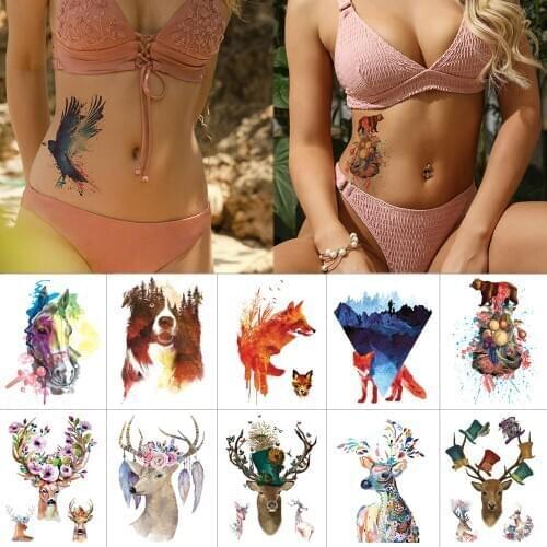 Temporary tattoo stickers deer Waterproof tattoos Flower elk watercolor fake tattoo Fox bear animal body tattoos for women