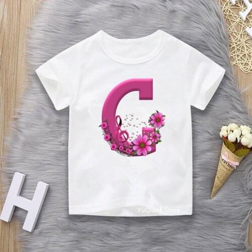 Funny Tshirt For Kids Clothes Pink Flower Music Alphabet C Letter Print T Shirt Girls Harjauku Kawaii Children Clothing Tops