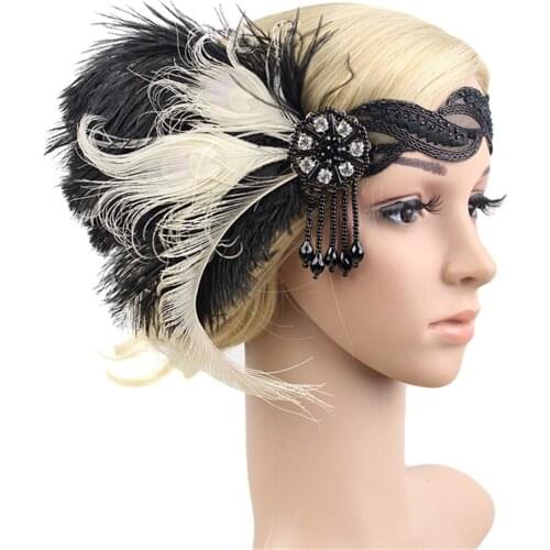 Hair Accessories Black Rhinestone Beaded Sequin Hair Band 1920s Vintage Gatsby Party Headpiece Women Flapper Feather Headband