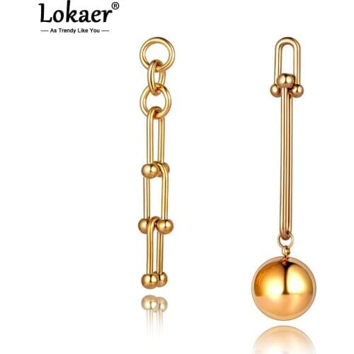 Lokaer Original Design Titanium Stainless Steel Asymmetry Earrings Bohemia Round Ball Charm Earrings Jewelry For Women E20298