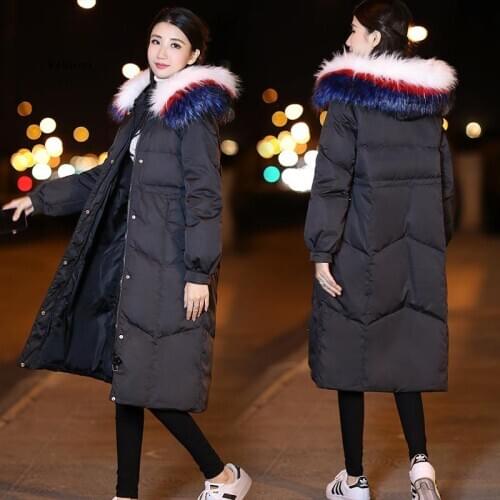 Women Cotton Coats Autumn Winter Pink Fur Collar Hooded Collar Fashion Long Jackets Female Wear Parkas Plus Size