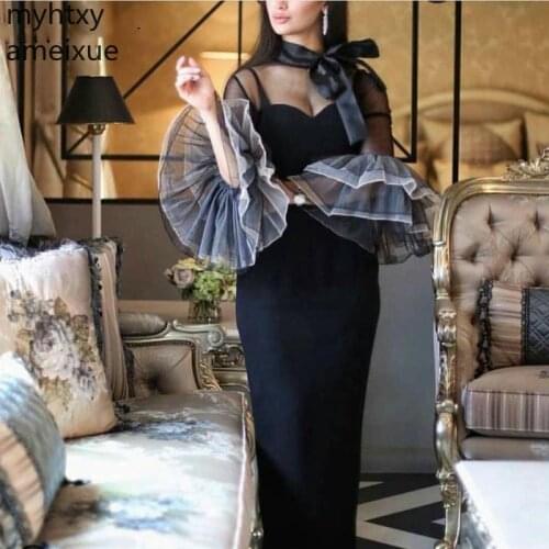 New Plus Size Black Elegantly Dressed Evening Dresses Long 2020 High Neck Muslim Dress Plus Size Abiye Elbise Suknie Wieczorowe
