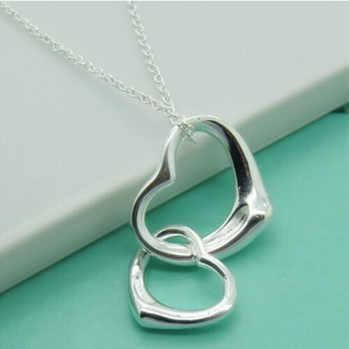 Valentine Day Gift 925 Sterling Silver Connected Heart Couple Heart Pendant Necklace for Women Silver Jewelry Gift