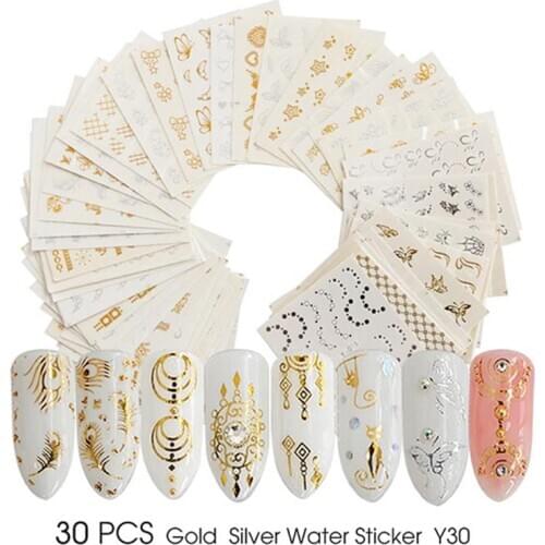 30Pcs Gold Silver Nail Water Sticker Feather Flower Spider Design Decal For Nails Decoration Nail Art Manicure Slider