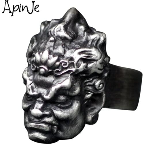 Apinje Real 925 Sterling Silver Buddha Rings for Men Mythical Retro Antique Motorcycle Biker Men Ring Jewelry