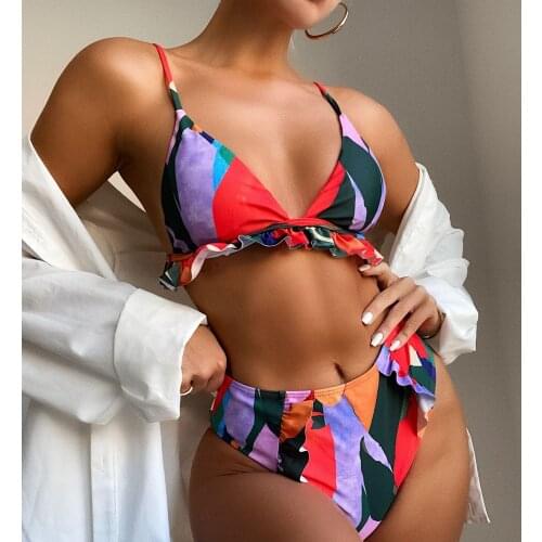 Colorful Ruffled Frilled High Waist Bikini Female Print Swimsuit Women Swimwear Two-pieces Bikini set Bather Bathing Suit Swim