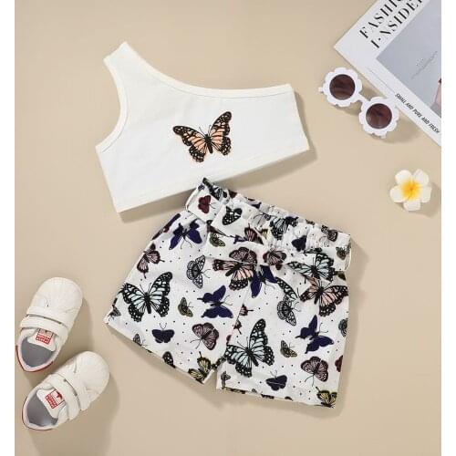 Summer Toddler Baby Girls Clothes Sloping Shoulder Tops +Butterfly Shorts Baby Kids Outfit Fashion Girl Clothing 2 3 4 5 6 Years