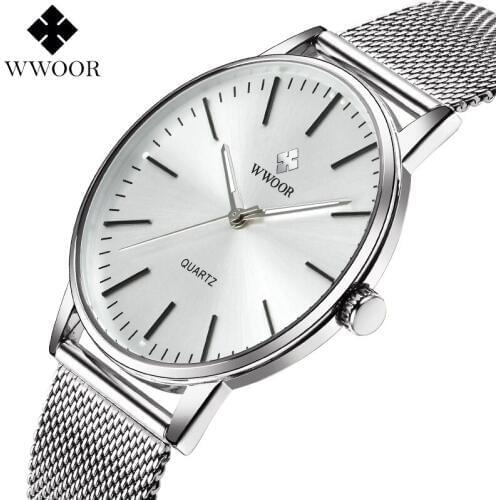 WWOOR 2018 Hot Sale Fashion Luxury Quartz Watches Men Sport Military Stainless Steel Dial Band Fashion Wrist Watch Wholesale