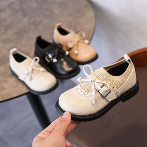 Bow Crystal Girls Flats Patchwork PU Leather Knitting Elegant Shoes For Kids Loafers Soft Anti Slip Children Princess Shoes