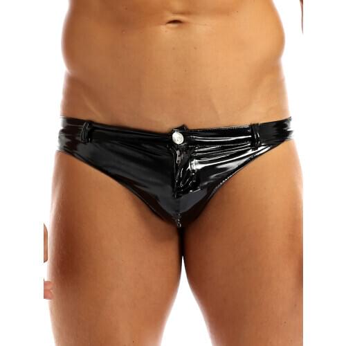 Mens Sexy Clubwear Lingerie Panties Leather Latex Triangle Briefs Zipper Jockstraps Pouch Sexy Gay Underwear Underpants