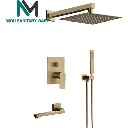 8-12" Shower Head Bathroom Shower Set Brushed Gold Square Rainfall Shower Faucet Wall or Ceiling Wall Mounted Shower Mixer
