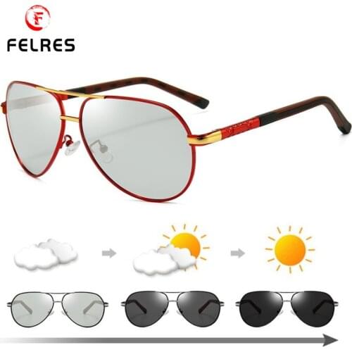 FELRES Photochromic Polarized Metal Frame Sunglasses For Men Outdoor Driving Fishing Cycling UV400 Glasses With Box 8725