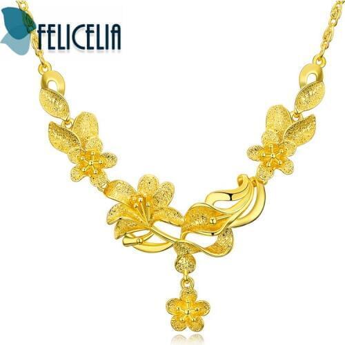 Felicelia Luxury Gold Color Flower Pendant Necklace Women Bridal Wedding Jewelry Statement Necklace Golden