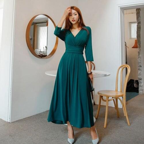 V-Neck Basic Long Midi Dress Women Long Sleeve Bow Belt Spring Party Dress A-Line Elegant Office Dress Lady Vintage Korean