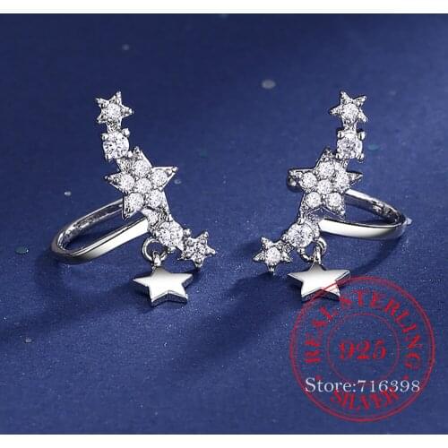 925 Sterling Silver Crystal Star Clip Earrings for Women Brincos Christmas Gift Wedding Jewelry pendientes