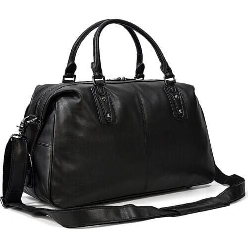 Luufan Genuine Leather Travel Tote Bag Black Soft Cowskin Leather Travel Bag Weekender Bag Hand Luggage Real Cowhide Male Bag
