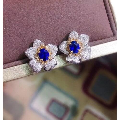 T406 Sapphire Earrings Stud 18 K Gold Jewelry 100% Natural 0.8ct Royal Blue Sapphire Gemstones Stud Earrings for Women
