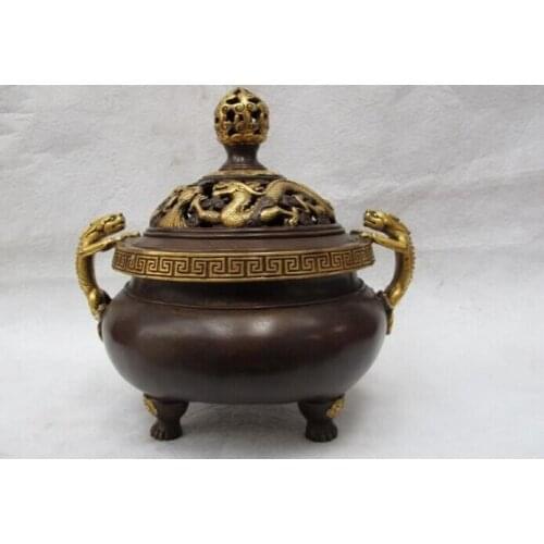 USPS to USA S2687 100% purple Bronze 24K Gold Gilt Dragon Two beast Ears incense burner Censer