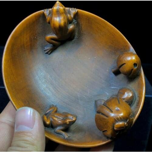Japanese Netsuke Old Vintage Boxwood Mushroom & Frog Writing-Brush Washer Statue