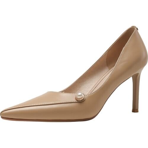 SmallHut New Spring Women Pumps Sexy Ladies Genuine Leather Beige Apricot Elegant Bead Woman Pointed Toe High Thin Heels M052
