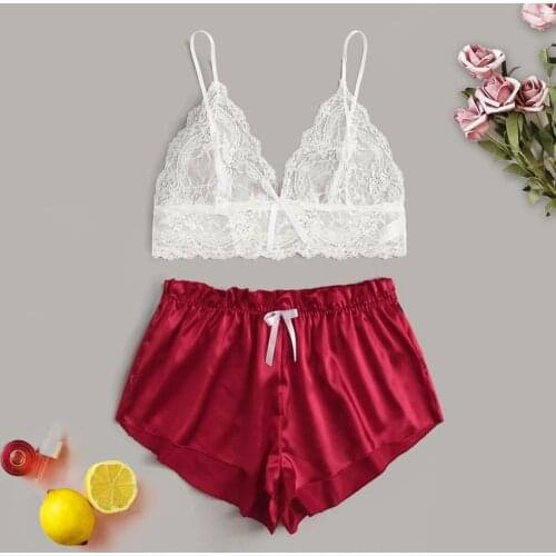 Women Lace Wireless Bra Sexy Lingerie Satin Shorts Underwear Plus Size Pajamas Sexy Lady Lace Silk Bras+shorts Sleepwear Set
