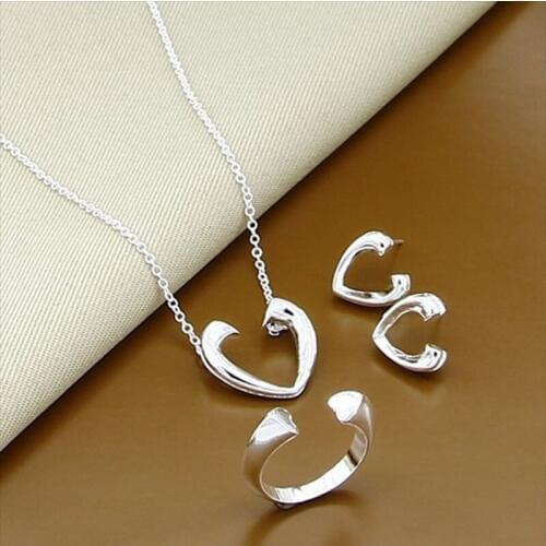 Free Shipping 925 Silver Jewelry Sets Fashion Simple Heart Chain Necklace Earrings Rings Sets for Women Wedding Gift