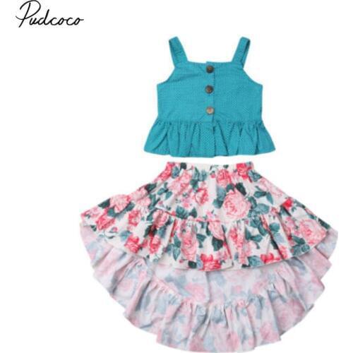 Toddler Kids Baby Girls Outfit Princess Floral Dot Sleeveless Vest Tops Asymmetrical Skirt Dress Kids Clothes 2-7 Y