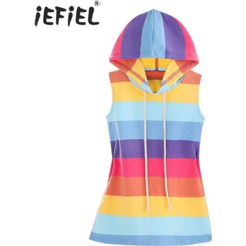 Kid Girls Rainbow Dress Summer Clothing Children Cotton Colorful Stripes Hooded A-Line Dress Kids Princess Split Dresses Sunsuit