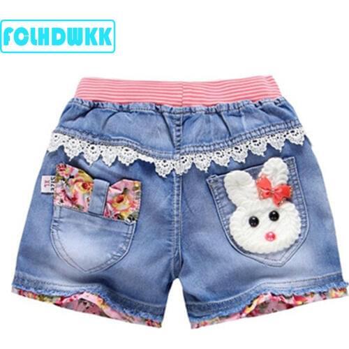 2019 Summer Girls Shorts Denim Cartoon Flower Pattern Baby kids Jeans Short Pants Summer Pearls Kids Trousers Children Clothes