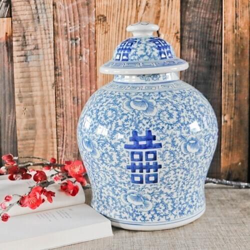 Porcelain Ginger jar Happy Chinese Characters Blue And White porcelain ceramic temple jar