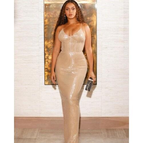 Amazing Vestidos Long Carf Gold Dress V Neck Sequined