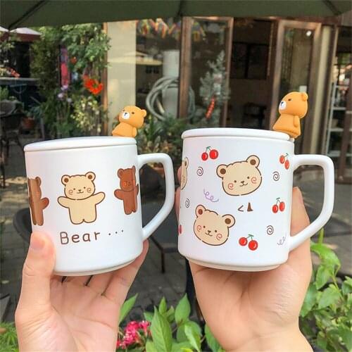 450ml White Bear Cartoon Ceramic Cup with Lid Spoon Coffee Mug Tea Milk Creative Trend Couple Cup For Girls Student Gift Cup