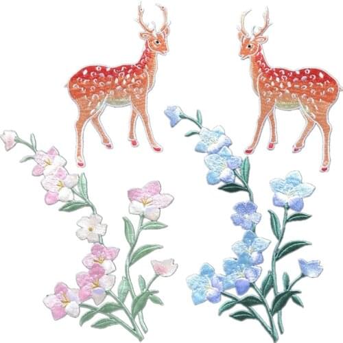 Cute Sika Deer Flower Embroidery Patches Motif Lovely Animal Applique DIY Sew-On T-shirt Clothes Sticker Decorative Decals