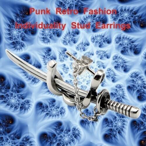 Punk Retro Fashion Solid 316L Stainless Steel Cool Mens Biker Individuality Japanese Katana Stud Earrings 2F008
