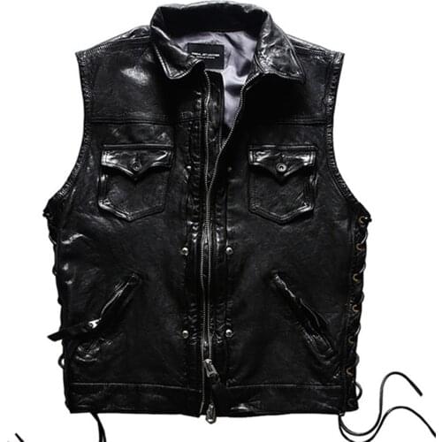 Hot Motor Rider Vests For Men 2021 High Quality Genuine Cowhide Leather Sleeveless Jacket Male Punk Bandage Motorcycle Waistcoat
