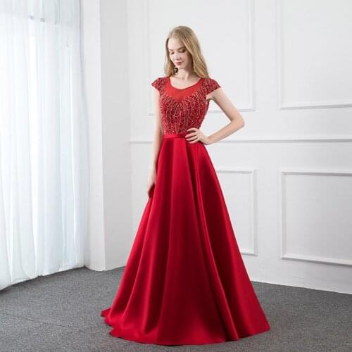 New Collection Red Satin Stones Long Prom Dresses O Neck Beaded Evening Gown Pageant Formal Dance Ball Gowns Cap Sleeve