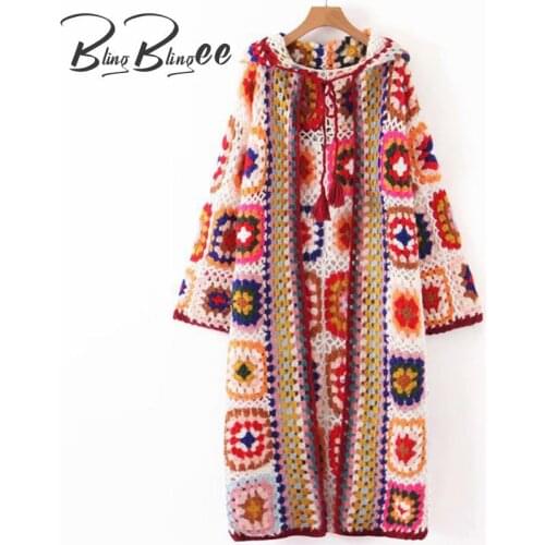 BlingBlingee Za 2021 Autumn Woman Jacket Flowers Crochet Knit Cardigan Open Stitch Hooded Mid-Length Drop Shoulder Loose Sweater