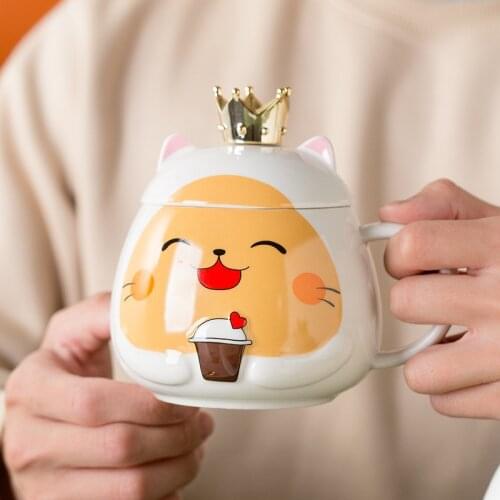 Lovely Crown Cat Cup Ceramic Mug Creative Couple Water Bottle Cartoon Large Capacity Milk Coffee Cup with Cover