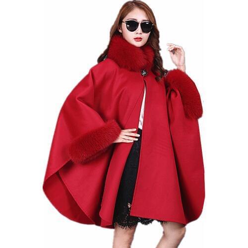 Luxury Wedding Genuine Wool Shawls Fox Fur Collar and Cuff Autumn Winter Women Fur Stole Pashmina Wraps LF5004